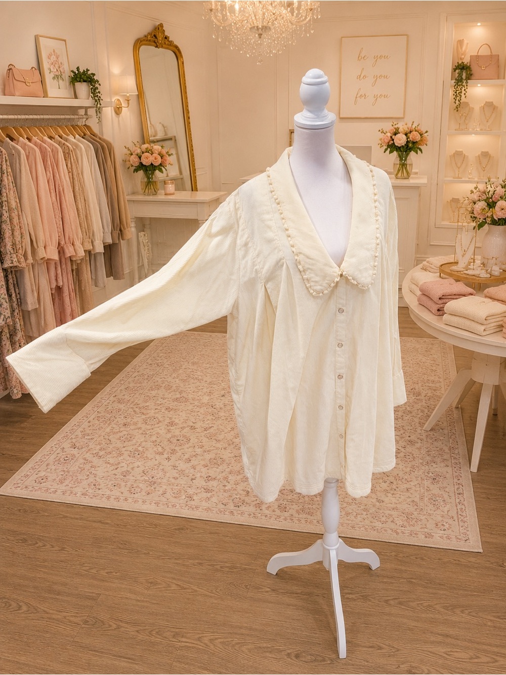 Free People Cream Corduroy Oversized Tunic Shirt Large Pearl Snap Cotton